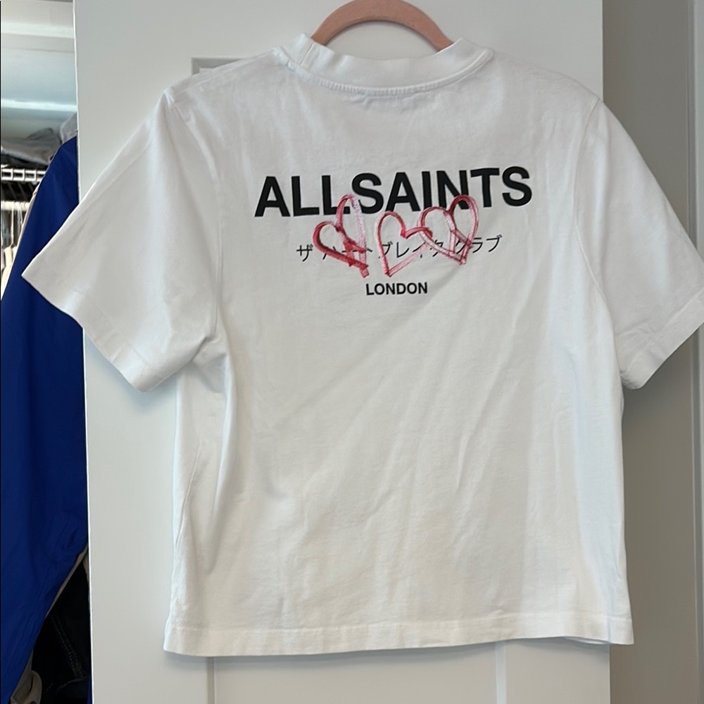 All Saints White Tee with Pink Heart Graphic